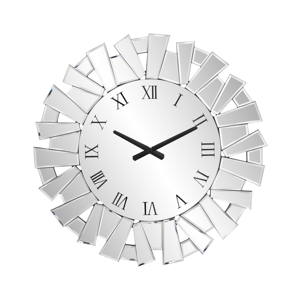 635635 27 in. Silver Mirrored Glass Silent Analog Sunburst Wall Clock
