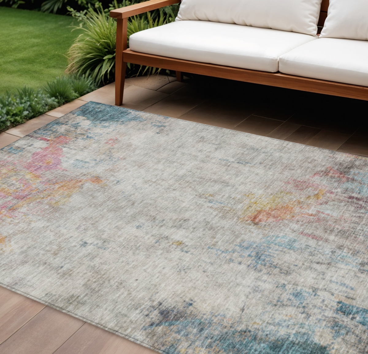 607732 9 x 12 ft. Teal Blue Abstract Washable Indoor & Outdoor Rectangle Area Rug