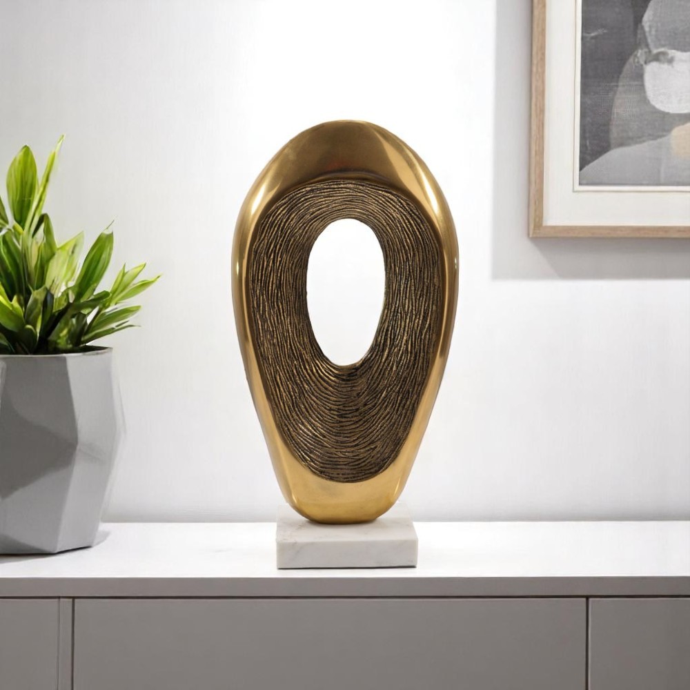 628142 16 in. Gold & White Aluminum & Marble Abstract Tabletop Sculpture