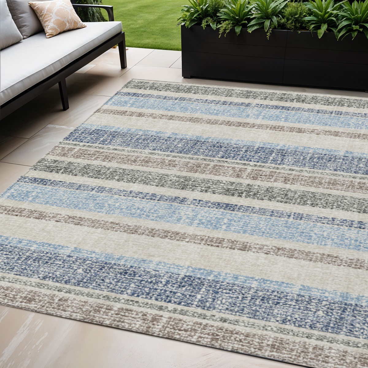 632228 5 x 8 ft. Navy Blue & Beige Striped Washable Indoor & Outdoor Rectangle Area Rug