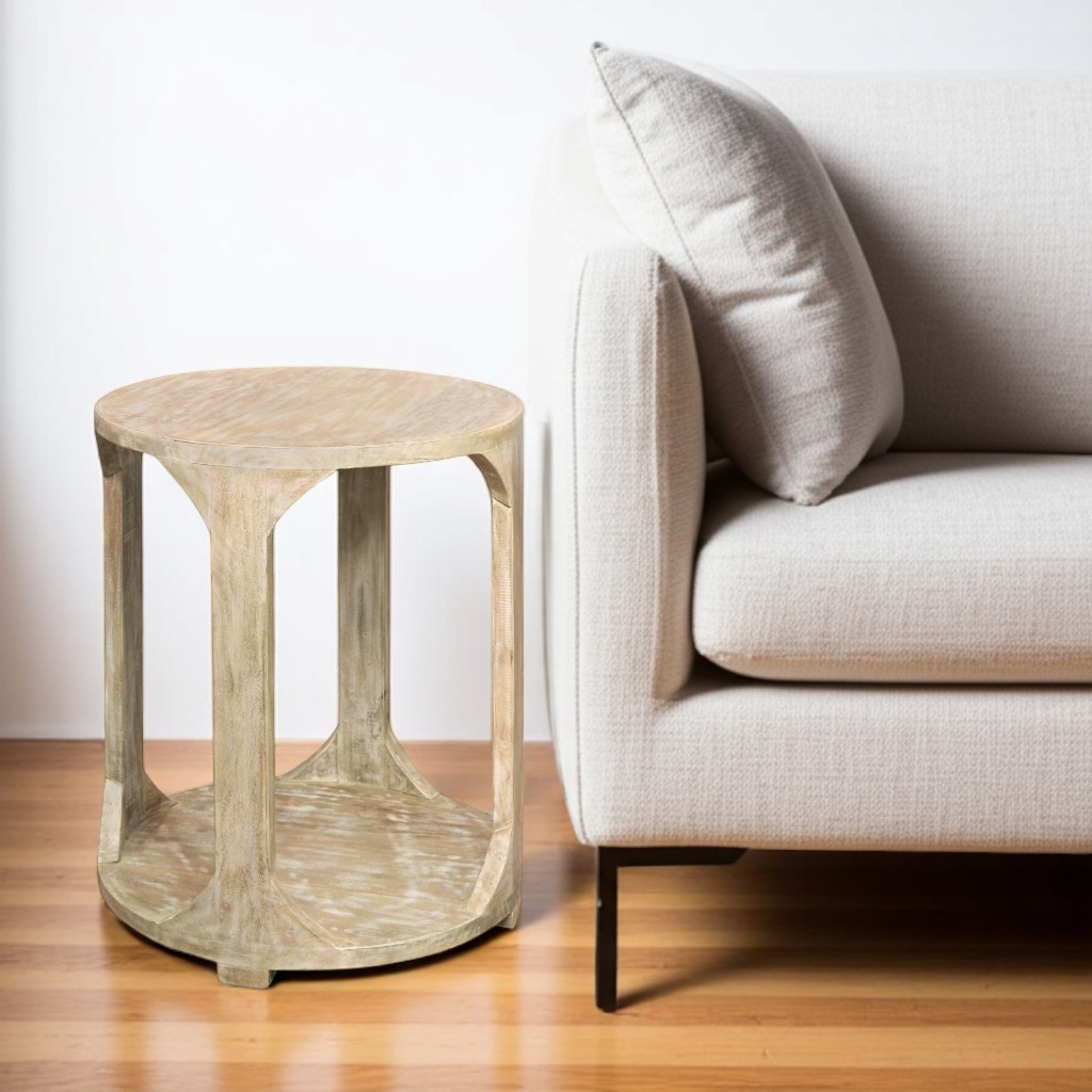 605349 24 in. Natural Distressed Solid Wood Round Frame End Table with Shelf