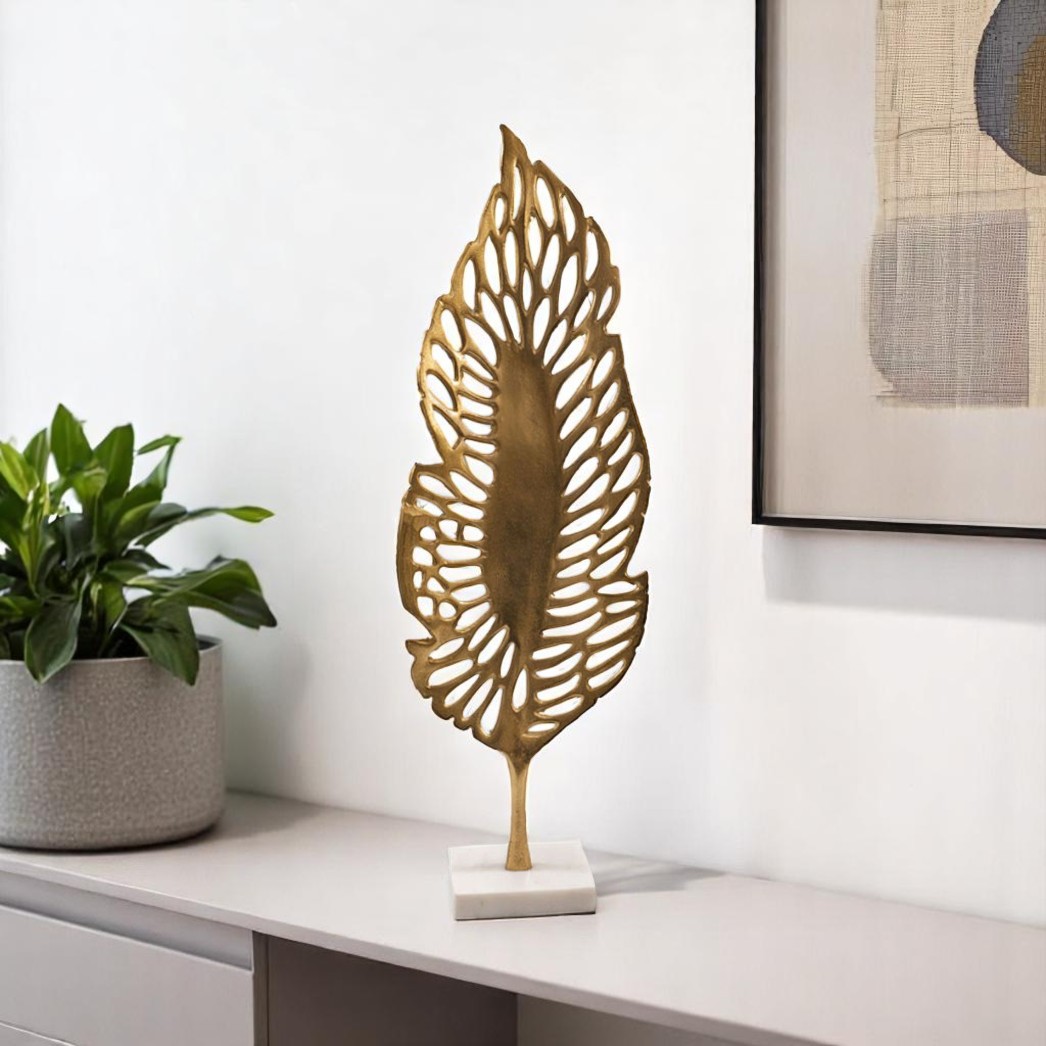 628149 28 in. Gold & White Aluminum & Marble Leaf Tabletop Sculpture