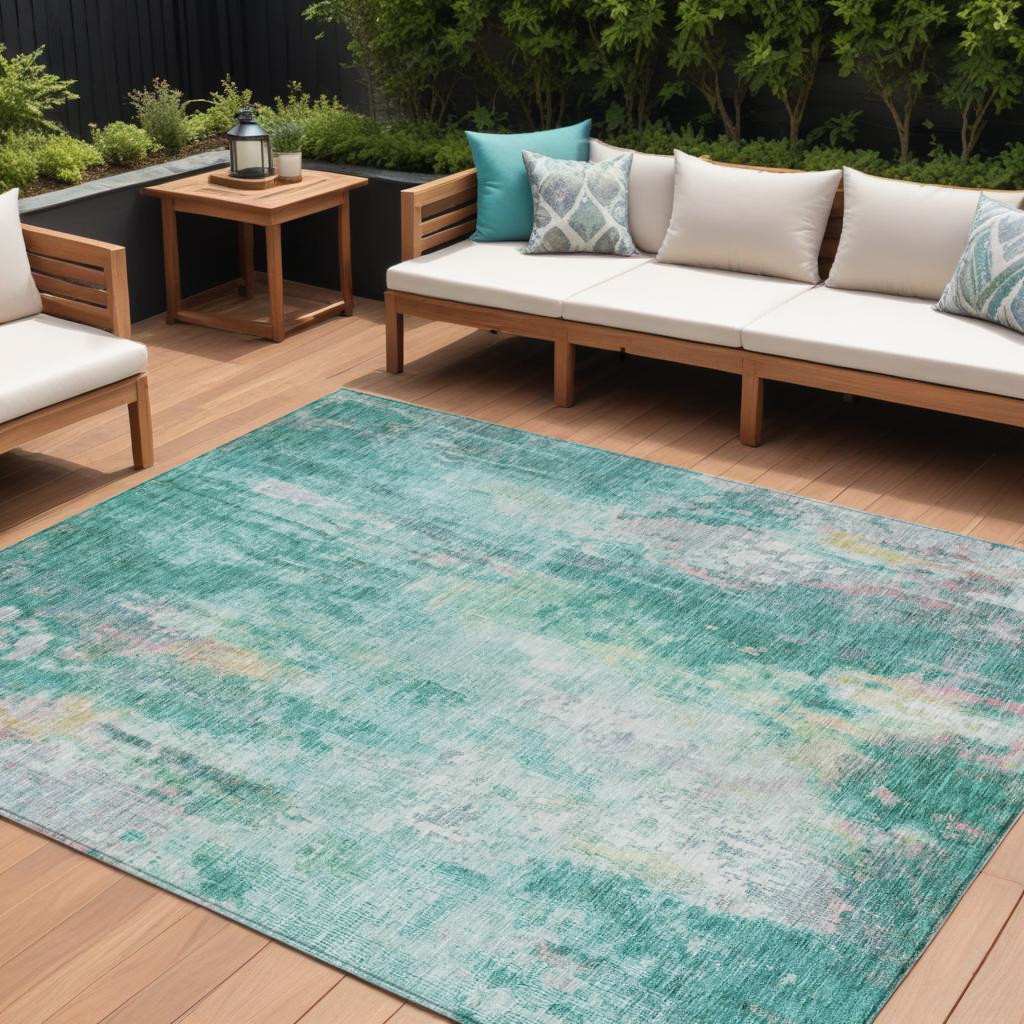 615885 5 x 8 ft. Teal Blue Peach & Ivory Abstract Washable Indoor & Outdoor Rectangle Area Rug