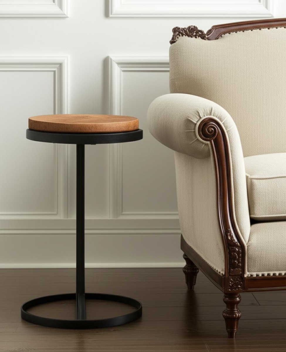 632663 25 in. Brown & Black Wood & Iron Round Pedestal End Table