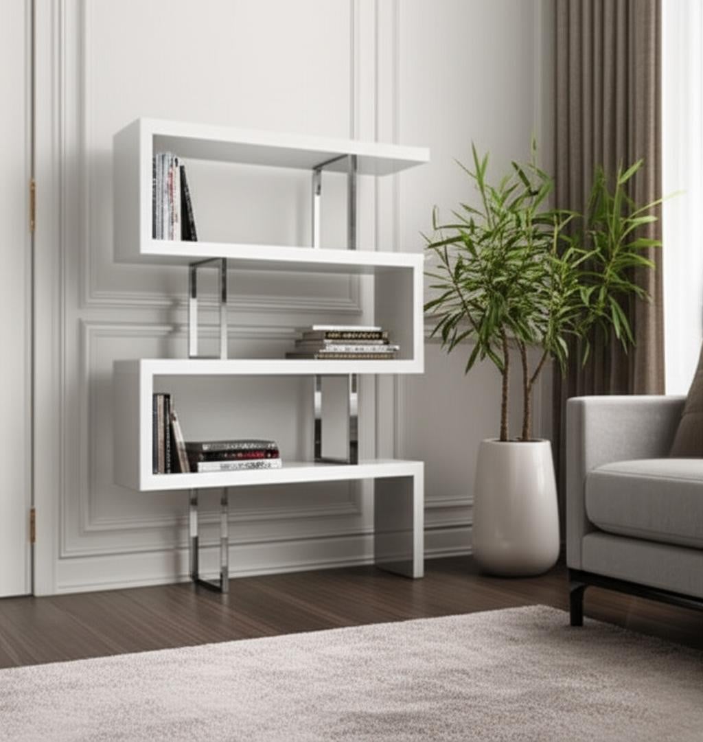 555009 67 in. White & Silver Metal & Wood Three Tier Etagere Bookcase