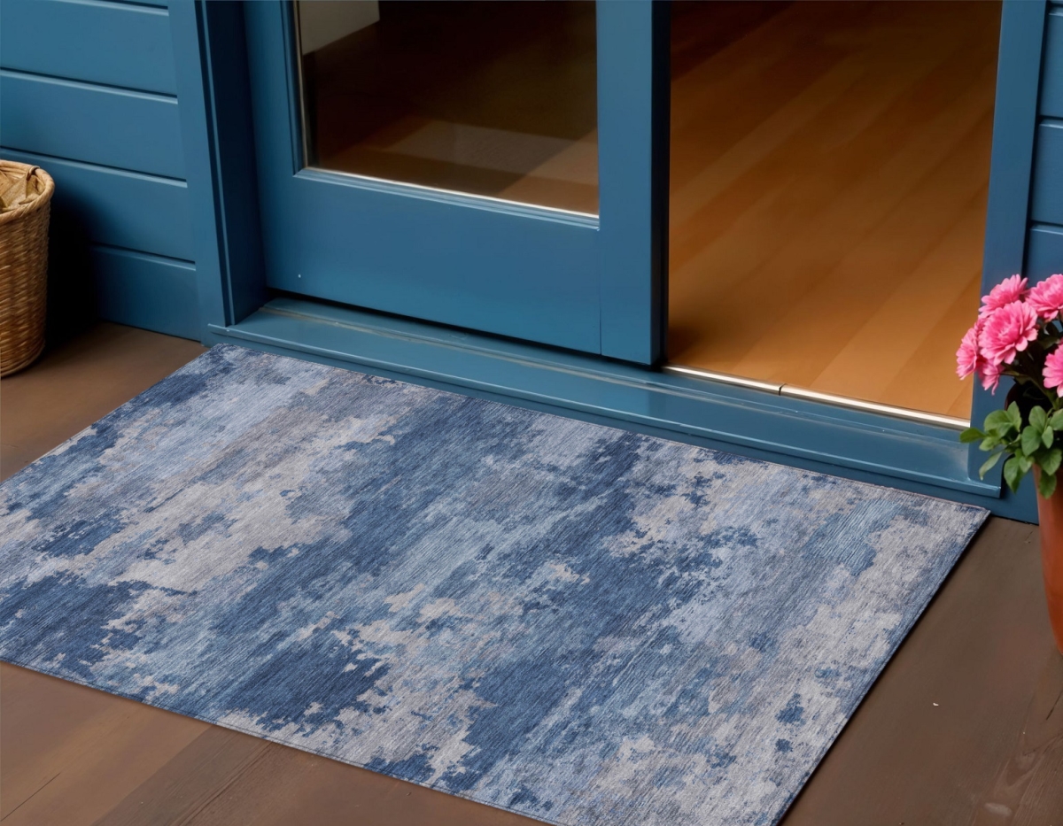 630927 3 x 5 ft. Navy Blue & Ivory Abstract Washable Indoor & Outdoor Rectangle Area Rug