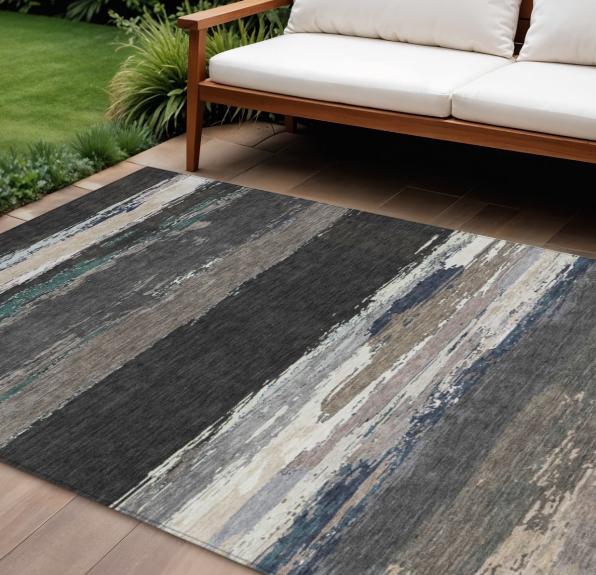 608629 9 x 12 ft. Black Abstract Washable Indoor & Outdoor Rectangle Area Rug