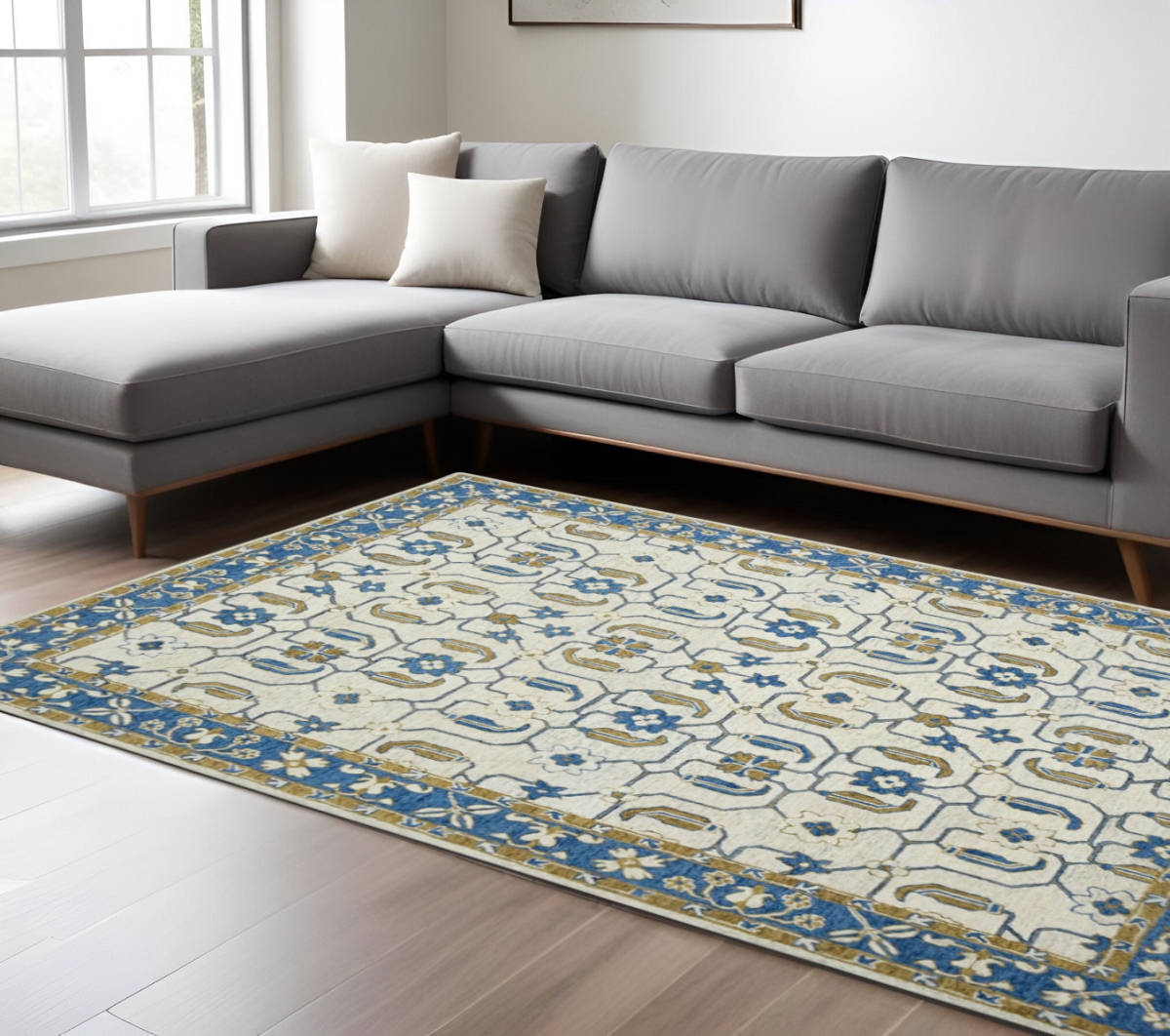 570422 9 x 13 ft. Blue Beige & Brown Wool Oriental Hand Hooked Rectangle Area Rug
