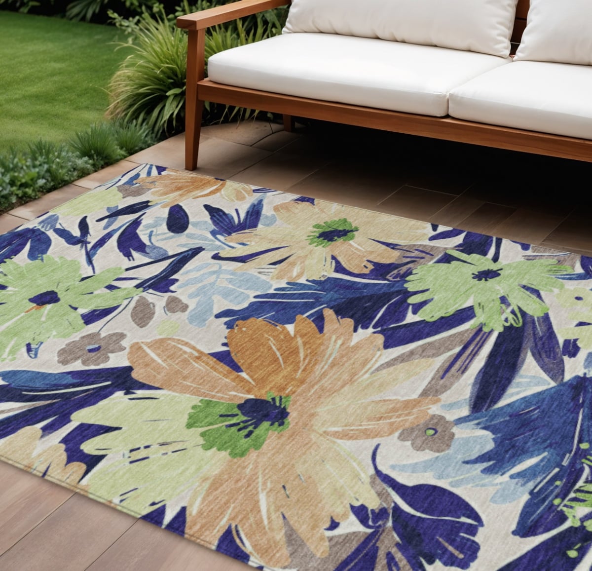 610989 8 x 10 ft. Navy Blue & Beige Floral Washable Indoor & Outdoor Rectangle Area Rug