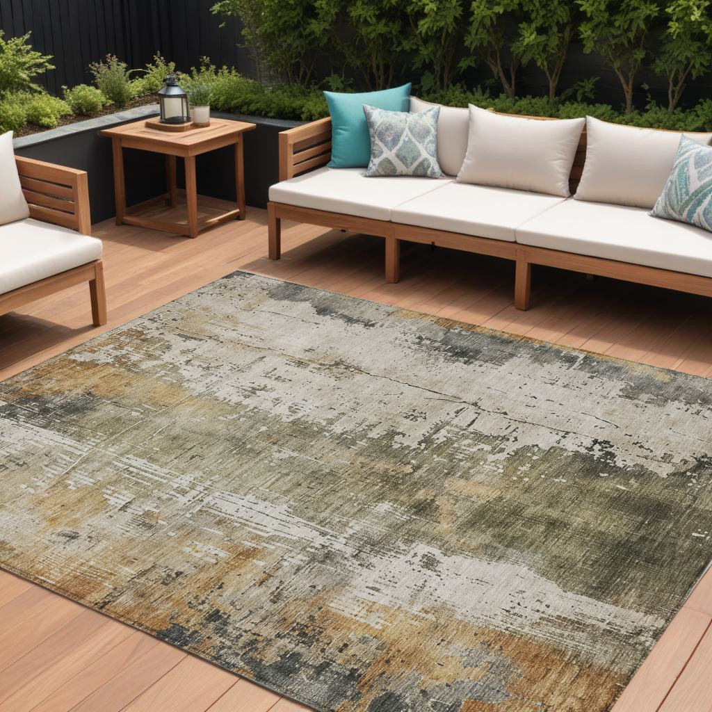 616183 10 x 14 ft. Olive Green & Ivory Abstract Washable Indoor & Outdoor Rectangle Area Rug