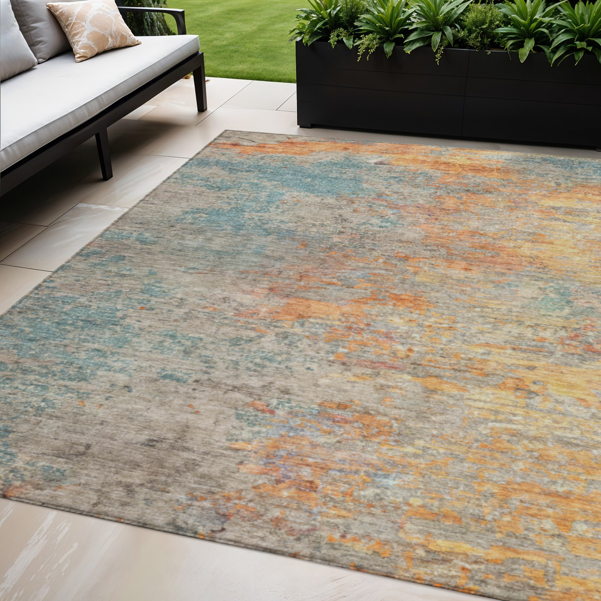 608832 5 x 8 ft. Teal Blue Abstract Washable Indoor & Outdoor Rectangle Area Rug