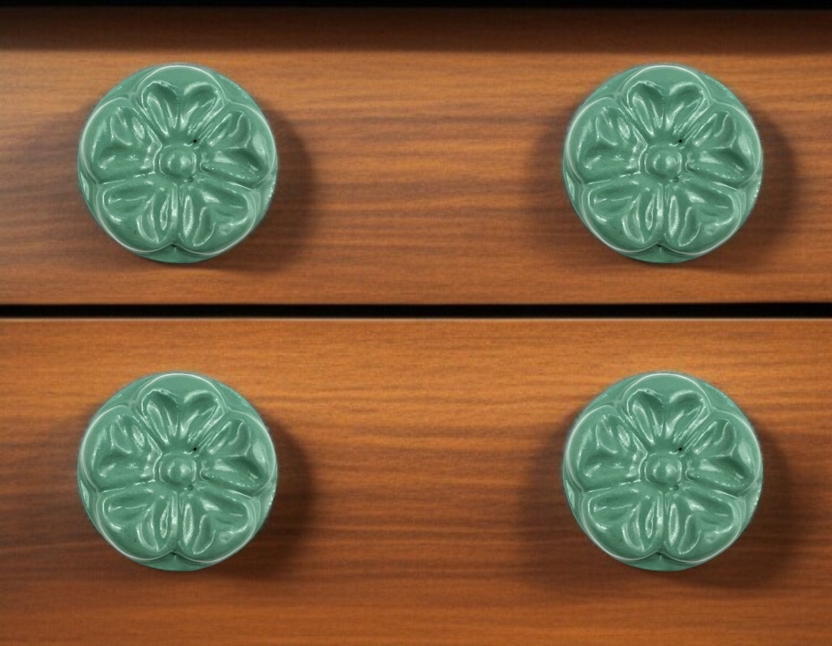 635758 Green Embossed Floral Ceramic Drawer Pull Knobs - Set of 6