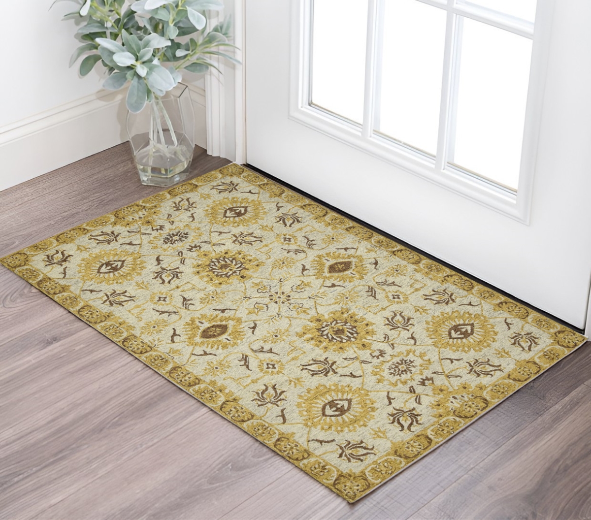 570399 2 x 3 ft. Gold Beige & Brown Wool Floral Medallion Hand Hooked Rectangle Area Rug