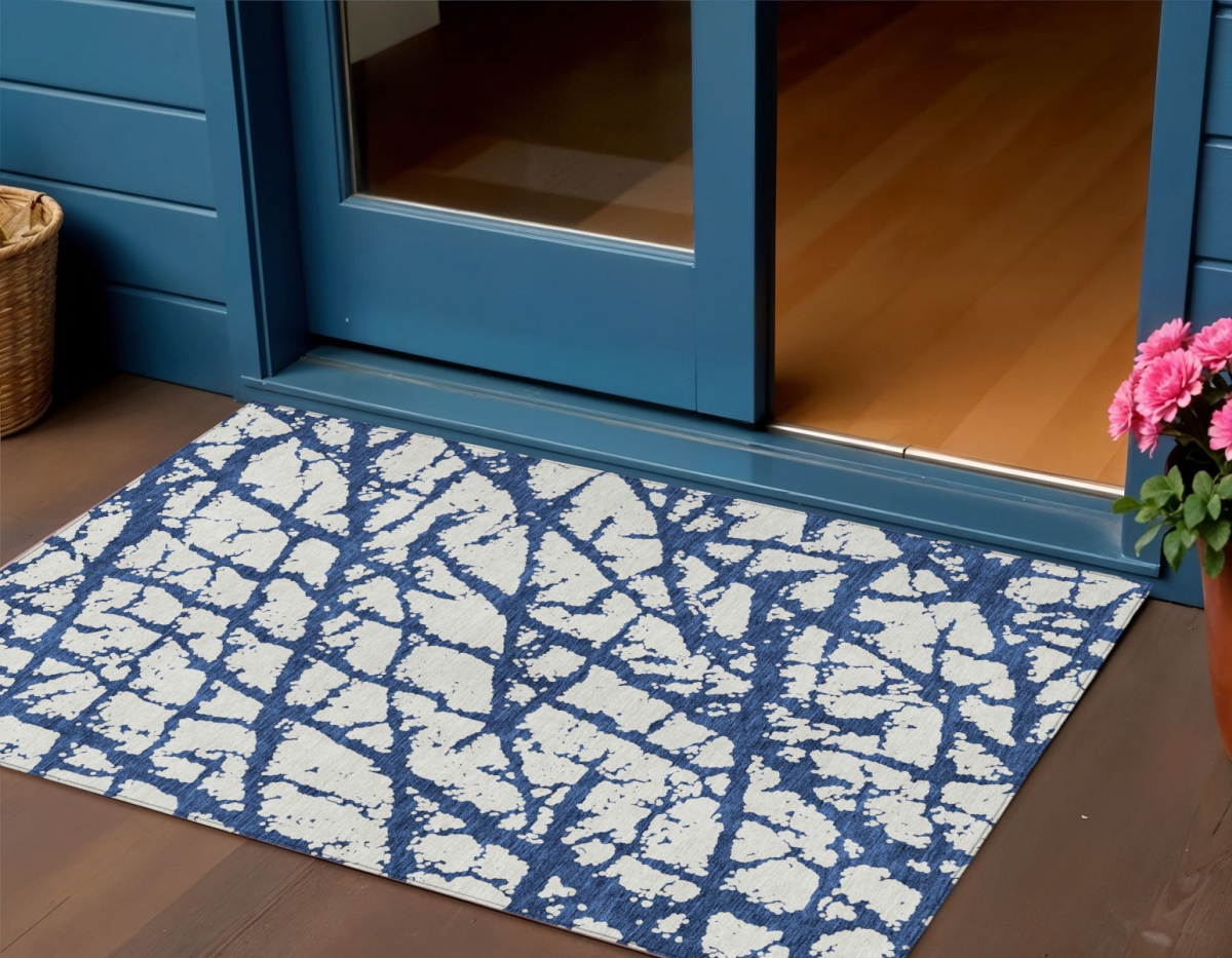 614371 3 x 5 ft. Navy Blue & Ivory Abstract Washable Indoor & Outdoor Rectangle Area Rug