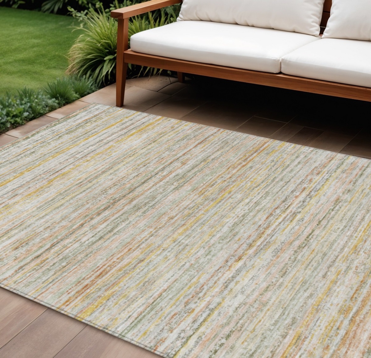 607978 9 x 12 ft. Sage Striped Washable Indoor & Outdoor Rectangle Area Rug