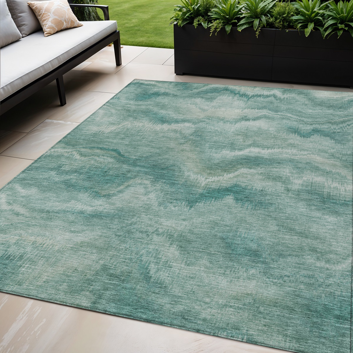 631318 5 x 8 ft. Teal Blue & Ivory Abstract Washable Indoor & Outdoor Rectangle Area Rug