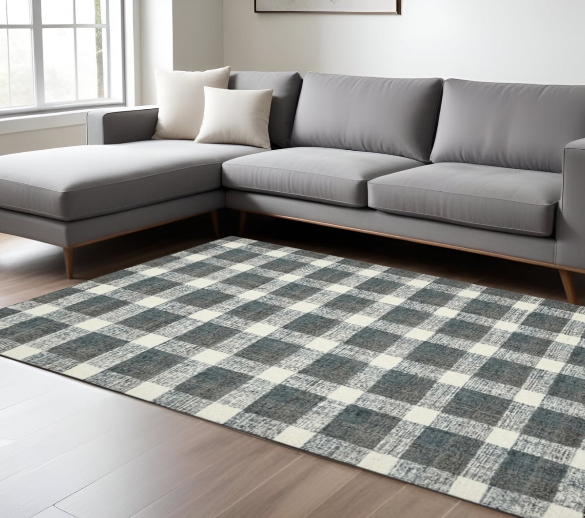 570574 9 x 13 ft. Dark Gray & Ivory Wool Plaid Hand Tufted Rectangle Area Rug