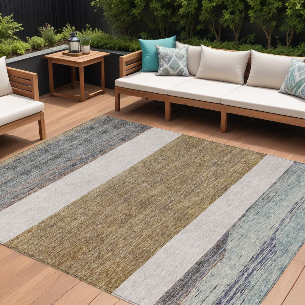 615277 10 x 14 ft. Brown Ivory & Blue Abstract Washable Indoor & Outdoor Rectangle Area Rug