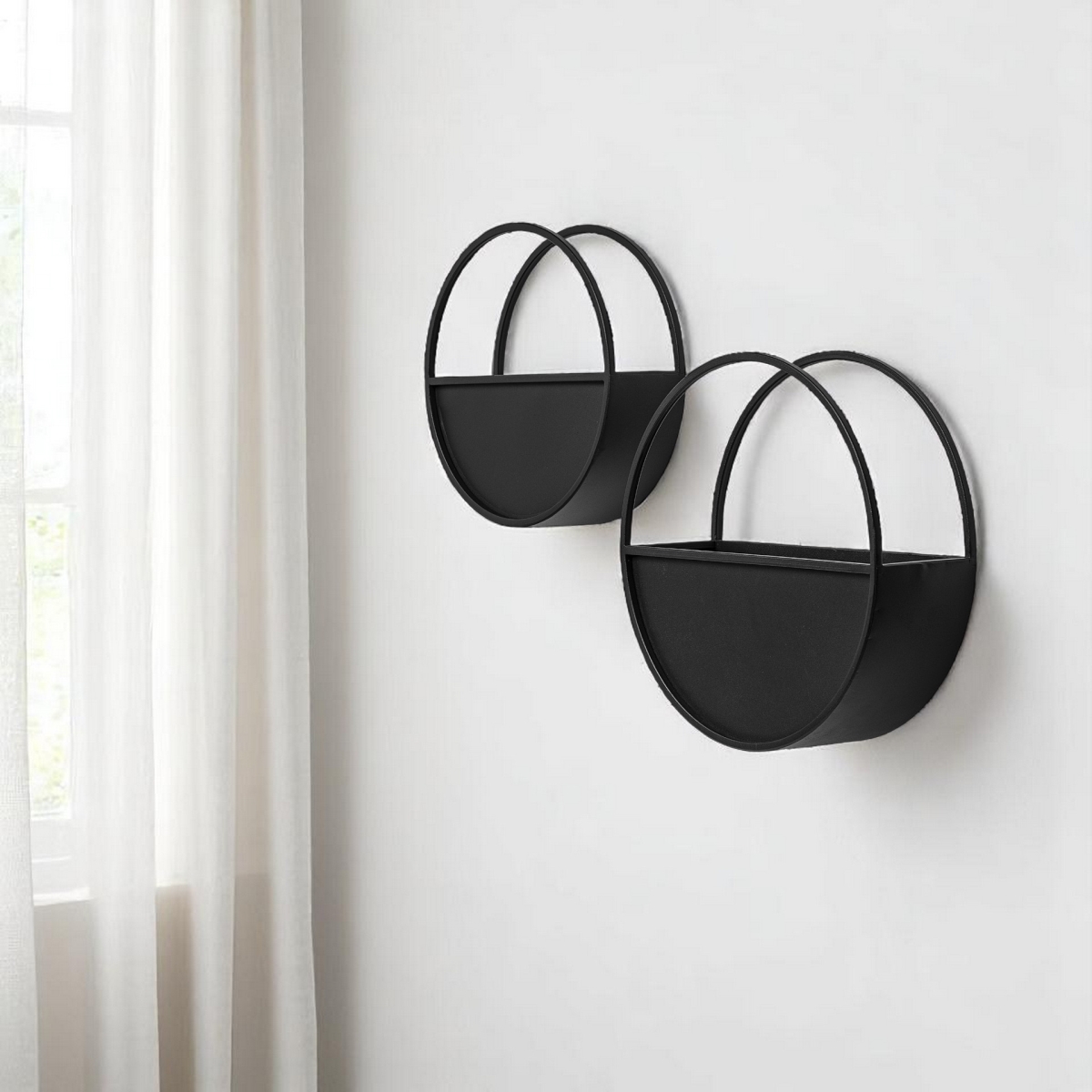 608672 Black Metal Round Hanging Planters - Set of 2