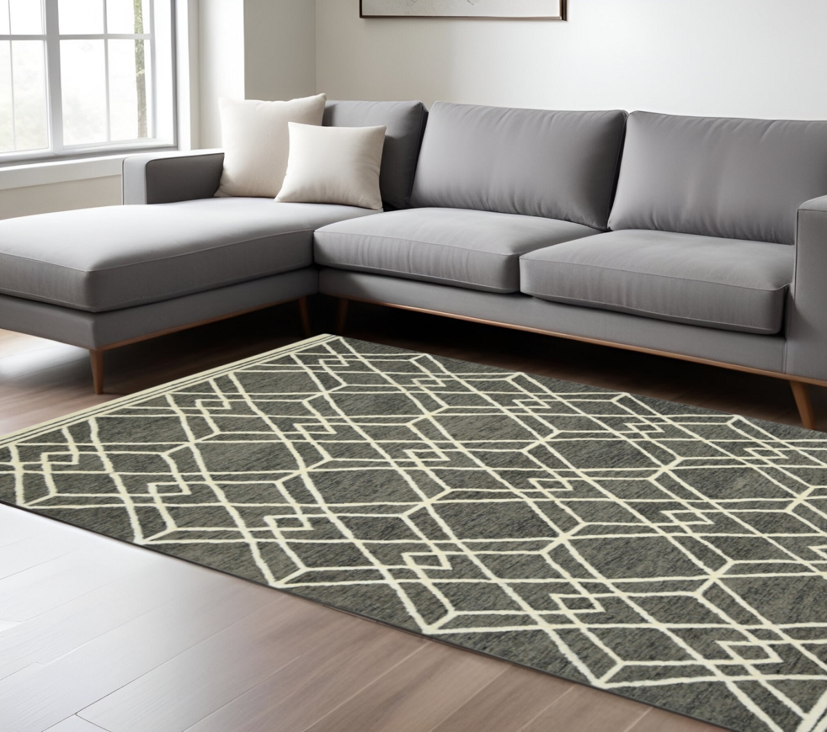570429 8 x 10 ft. Dark Gray & Ivory Wool Geometric Hand Hooked Rectangle Area Rug