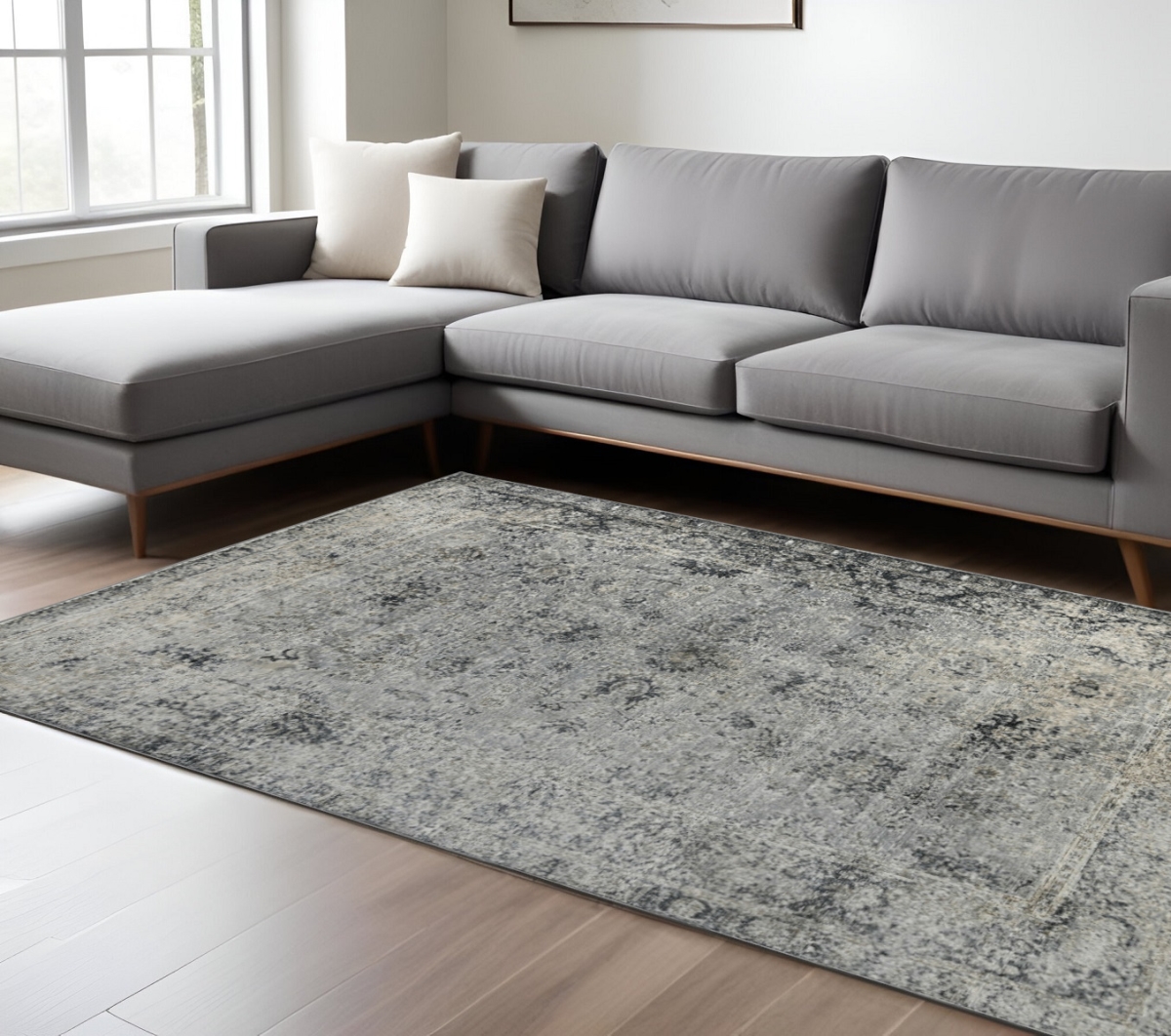 570817 8 x 11 ft. Gray & Black Floral Medallion Rectangle Area Rug