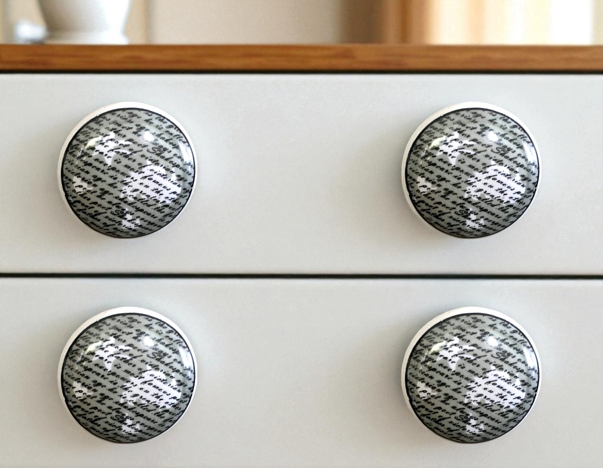 635779 White Poetic Script Ceramic Drawer Pull Knobs - Set of 6