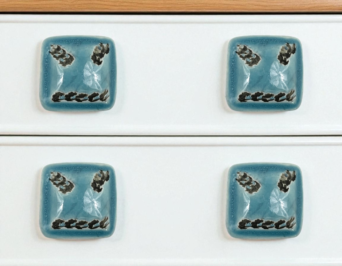 635761 Distressed Teal Ceramic Square Drawer Pull Knobs - Set of 6