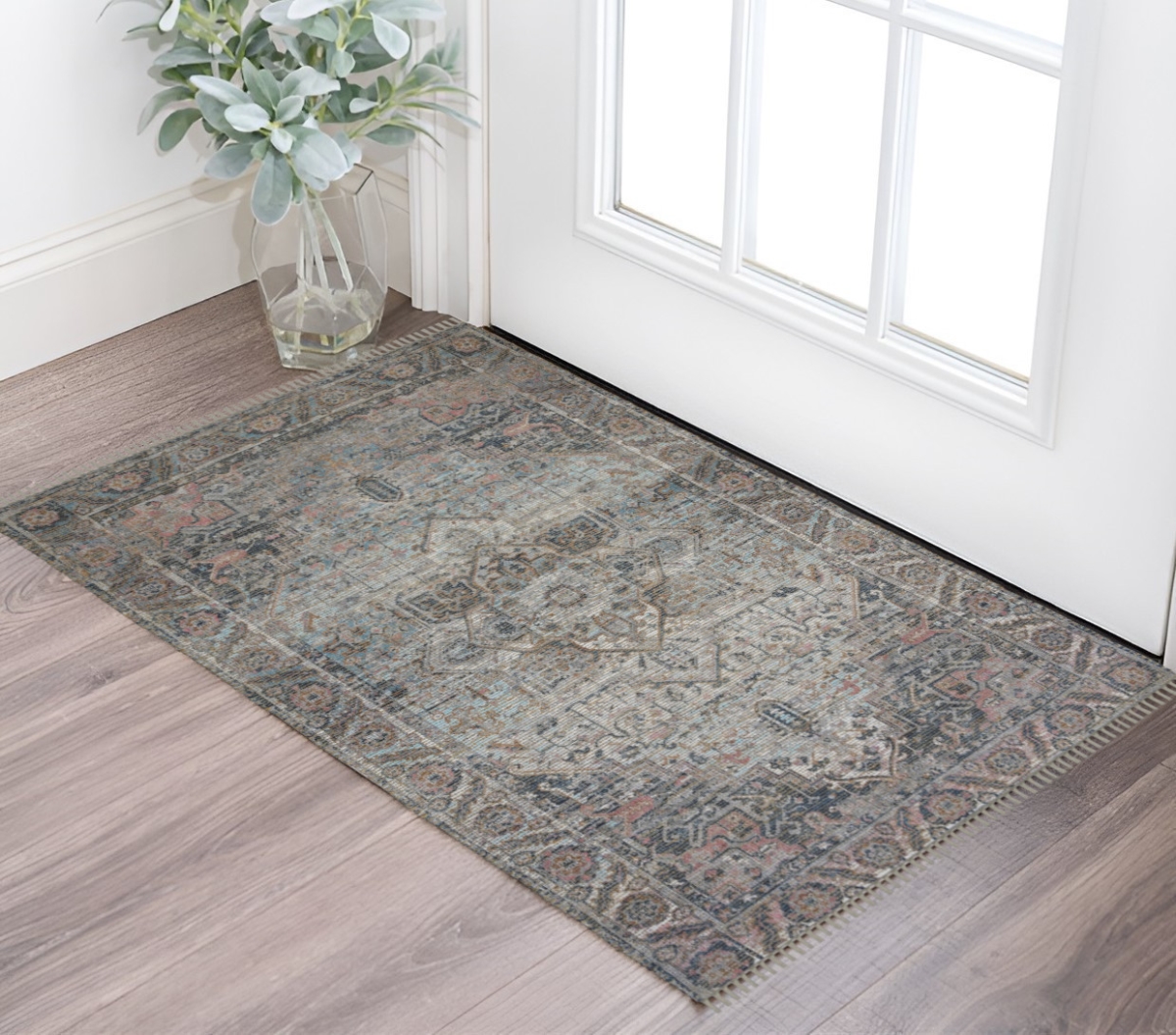 571129 2 x 3 ft. Light Blue Gray & Pink Oriental Hand Woven Rectangle Area Rug with Fringe