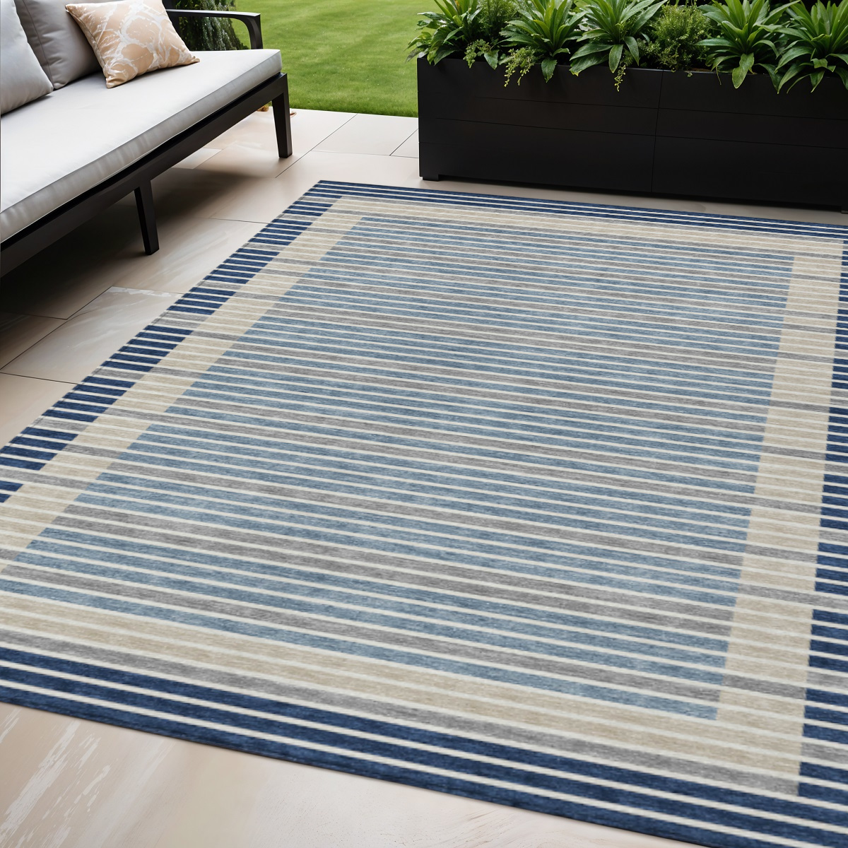 610487 5 x 8 ft. Navy Blue & Denim Blue Striped Washable Indoor & Outdoor Rectangle Area Rug