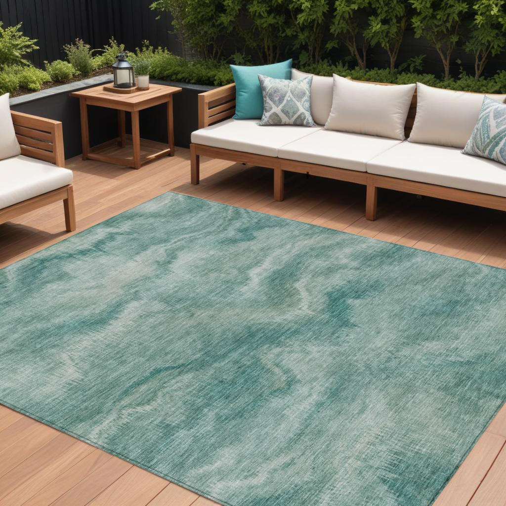 631321 9 x 12 ft. Teal Blue & Ivory Abstract Washable Indoor & Outdoor Rectangle Area Rug