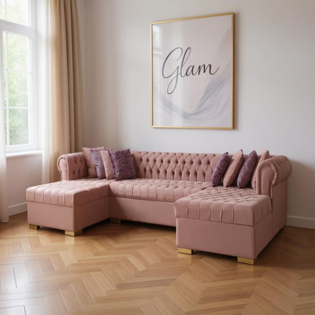 643893 Pink Velvet U Shaped 3 Piece Sofa & Chaise Sectional with Toss Pillows