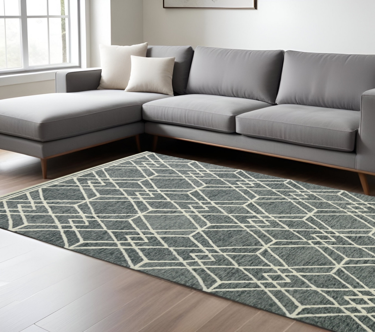 570425 8 x 10 ft. Gray & Ivory Wool Geometric Hand Hooked Rectangle Area Rug