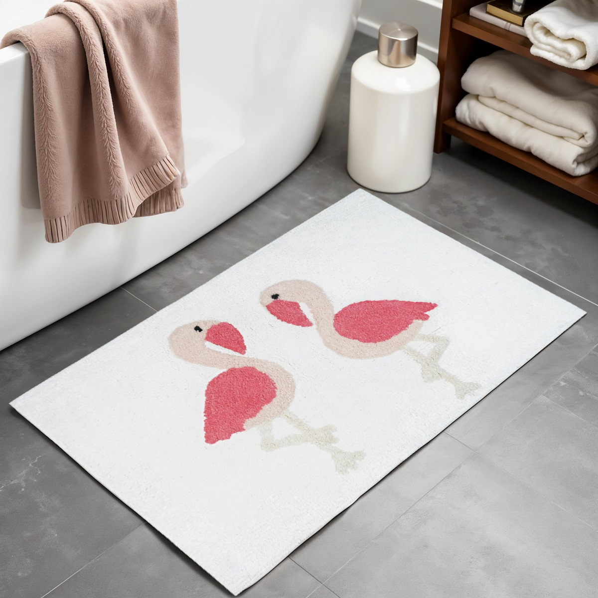 635401 32 in. Pink & White Cotton Flamingo Bath Rug