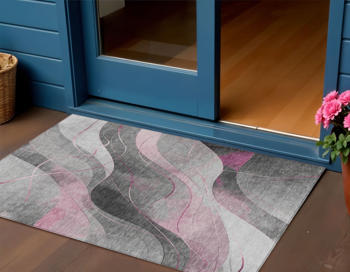 616760 3 x 5 ft. Pink Gray & Silver Abstract Washable Indoor & Outdoor Rectangle Area Rug