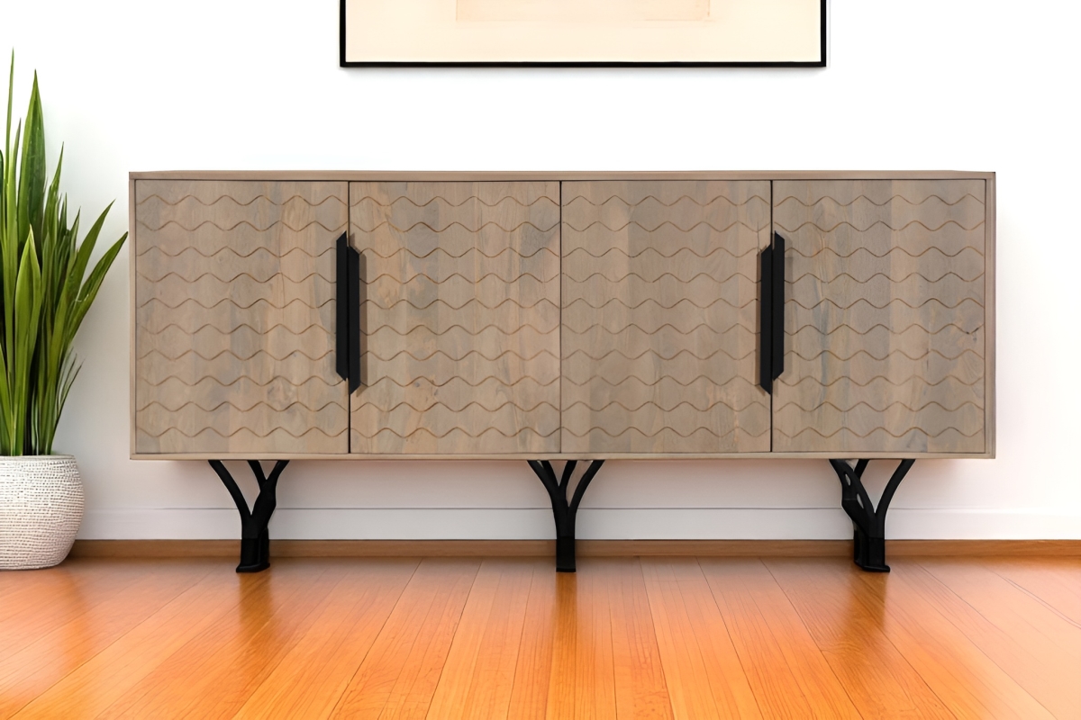 634318 84 in. Beige Solid Wood Carved Geometric Sideboard with Four Doors