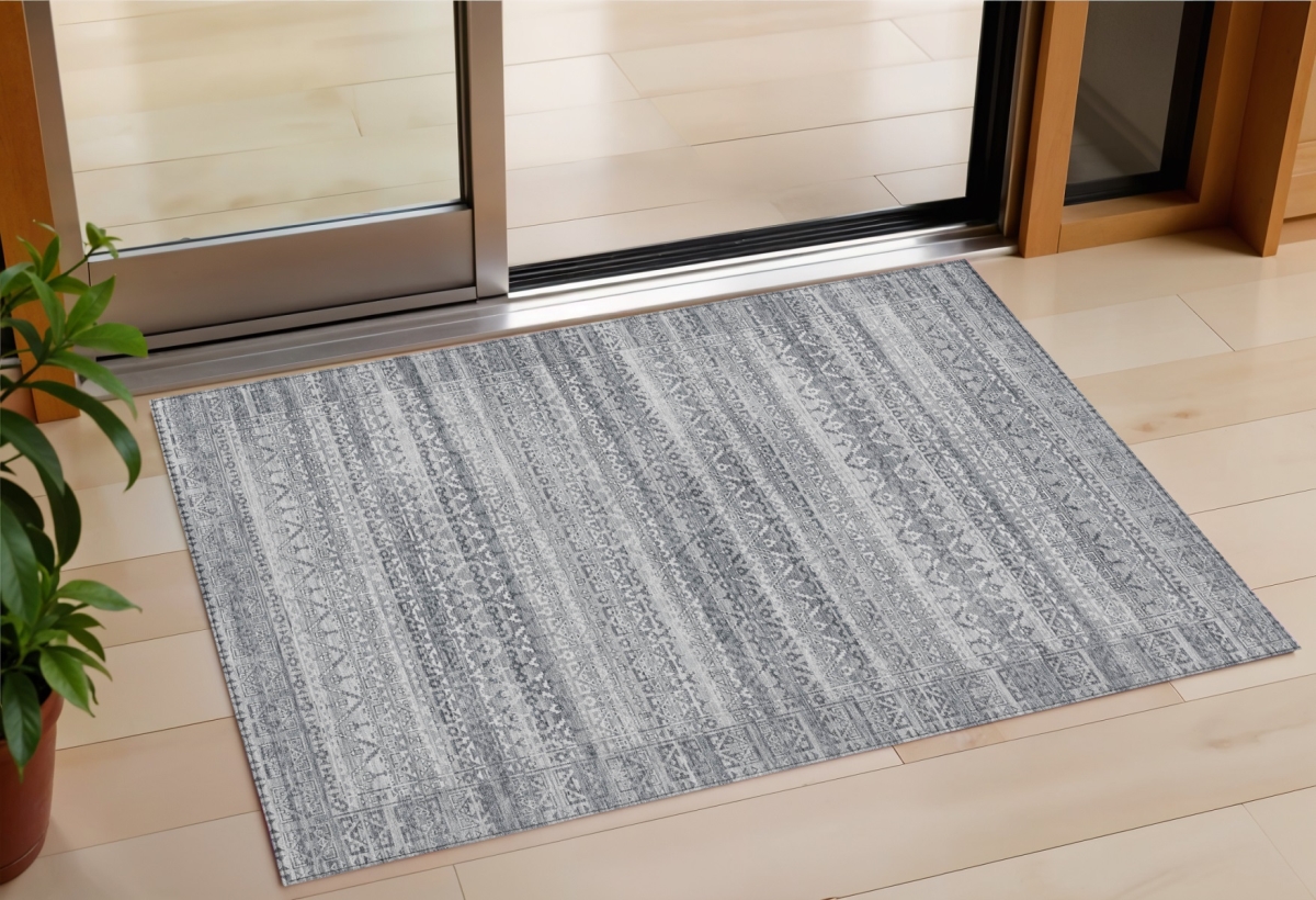 631497 3 x 5 ft. Gray & Silver Striped Washable Indoor & Outdoor Rectangle Area Rug