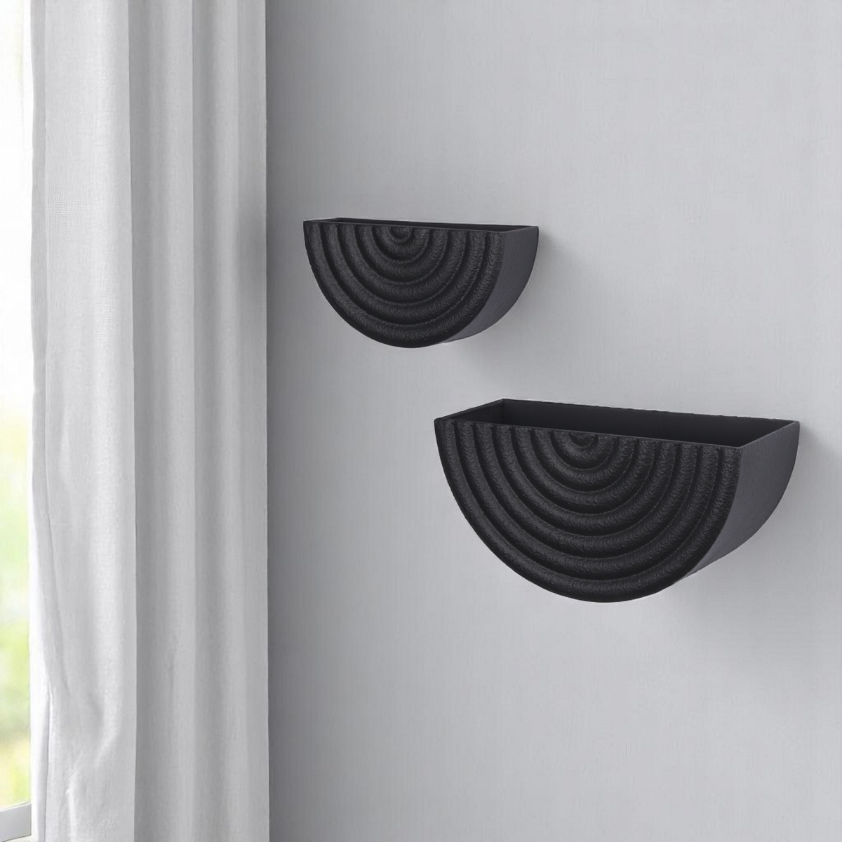 608675 Black Metal Geometric Half Moon Wall Planters - Set of 2