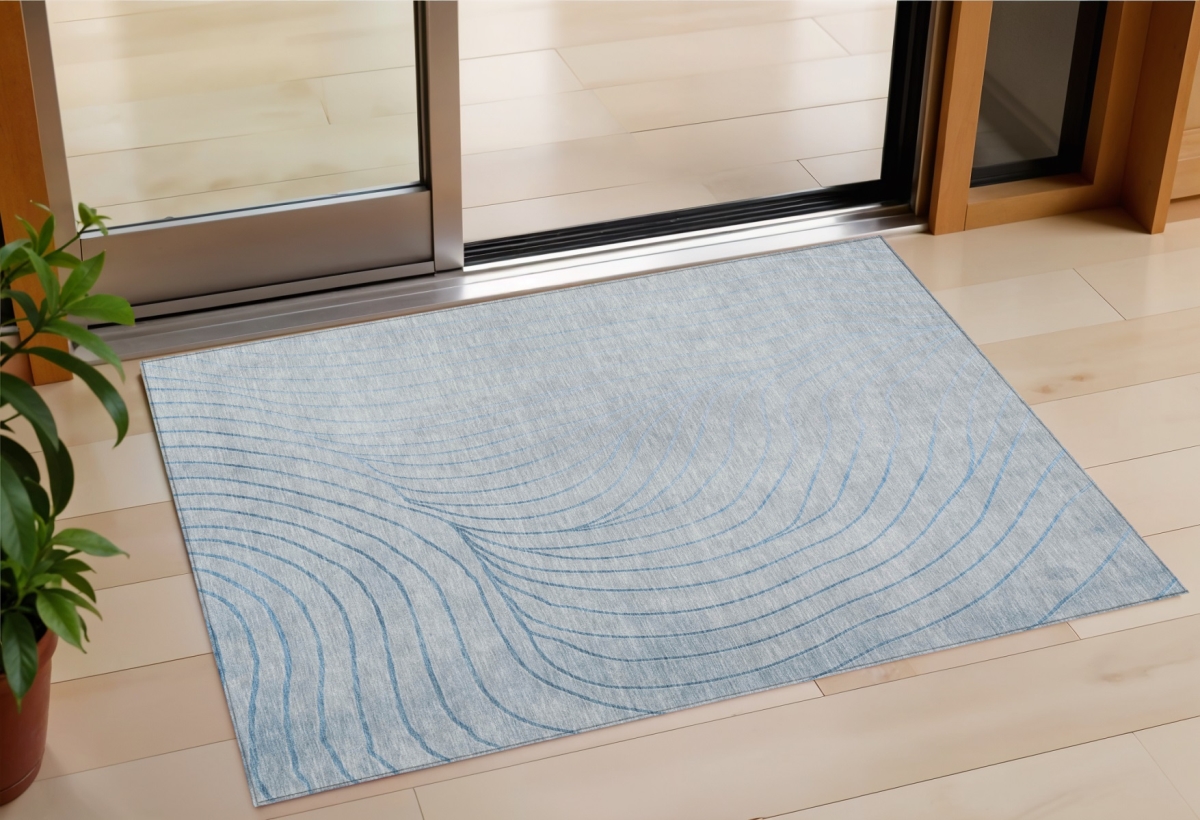631791 3 x 5 ft. Sky Blue & Silver Abstract Washable Indoor & Outdoor Rectangle Area Rug
