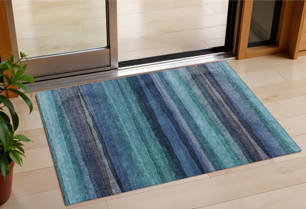 631221 3 x 5 ft. Teal Blue Aqua & Navy Blue Striped Washable Indoor & Outdoor Rectangle Area Rug