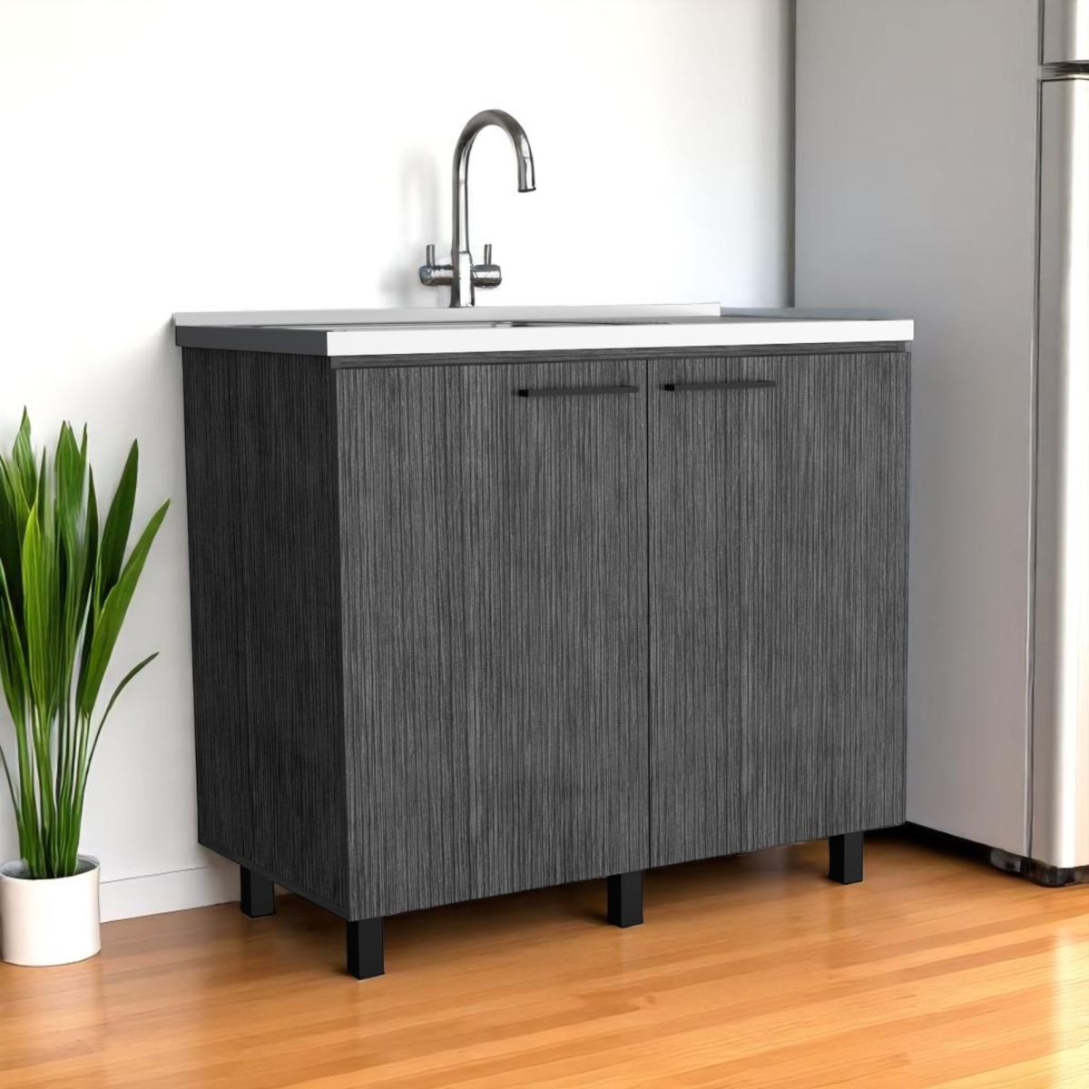 Picture of HomeRoots 553692 35 x 39 in. Gray & Silver Stainless Steel & Wood Utility Cabinet with Sink