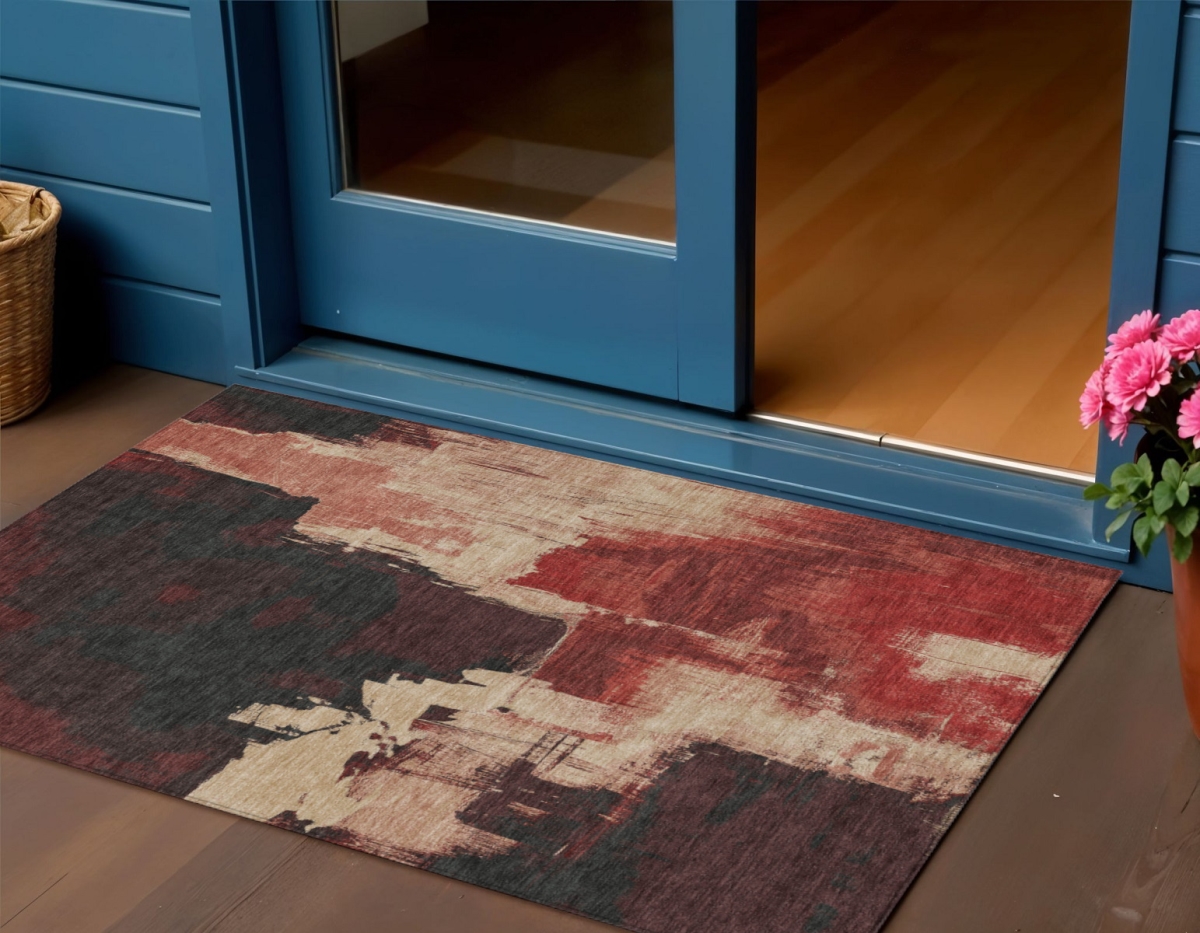 609160 3 x 5 ft. Brick Red & Red Abstract Washable Indoor & Outdoor Rectangle Area Rug