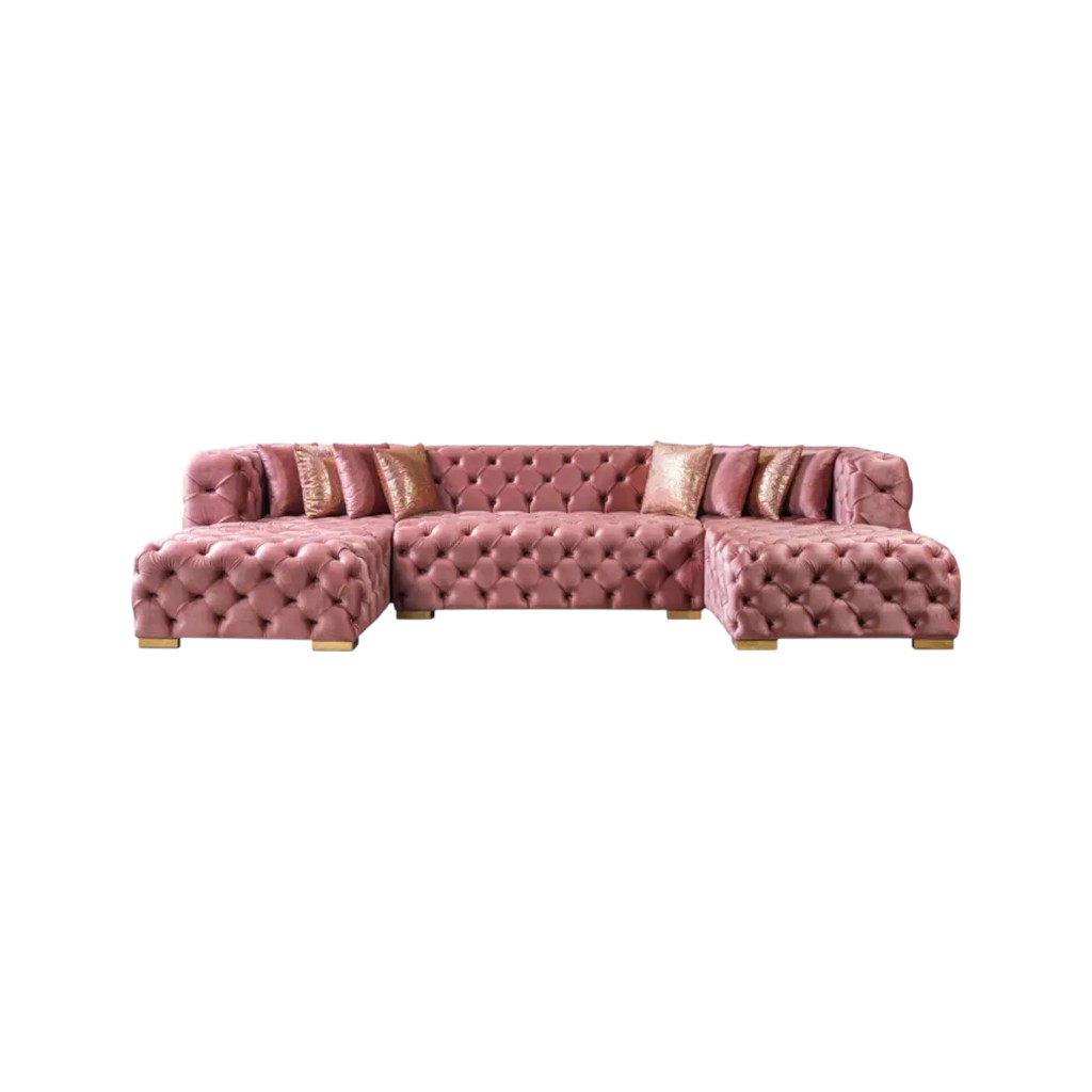 642269 Tufted Pink Velvet Modular U Shaped Sofa & Chaise Sectional with Toss Pillows
