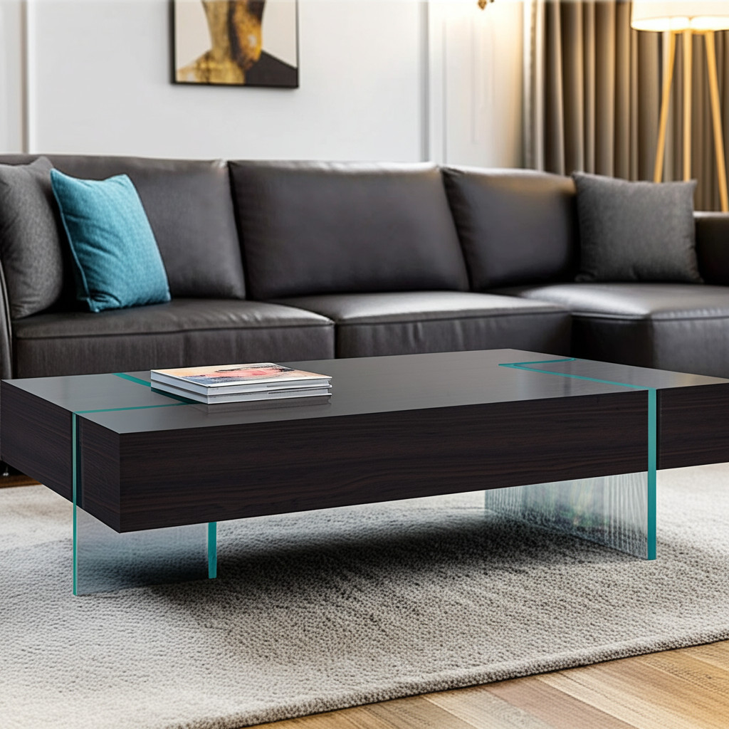 554285 16 x 53 x 28 in. Black & Clear Wood & Glass Sled Coffee Table