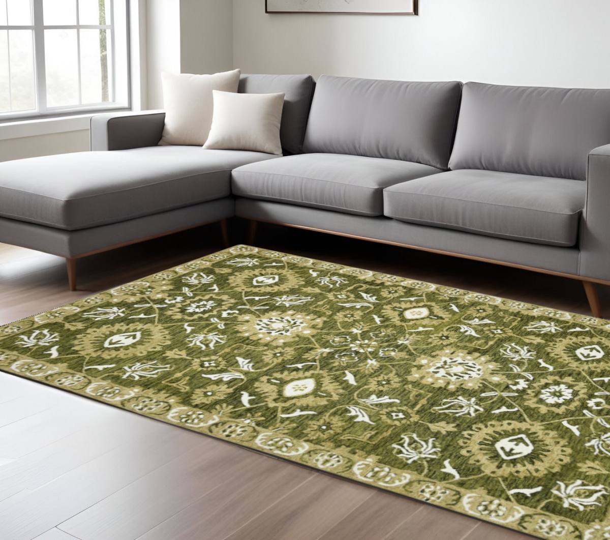 570414 9 x 13 ft. Olive Green Ivory & Light Brown Wool Floral Medallion Hand Hooked Rectangle Area Rug