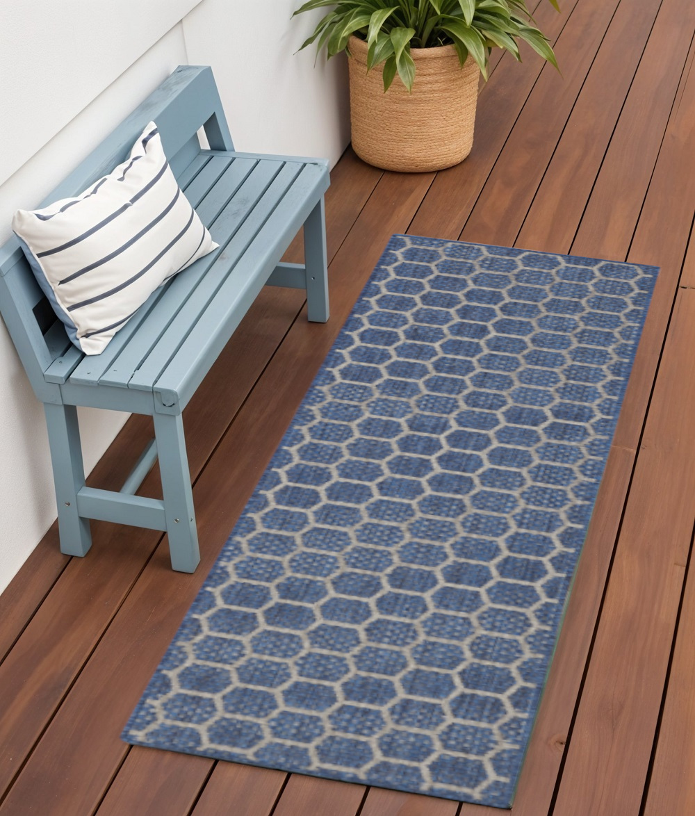 556313 6 ft. Blue & Ivory Geometric Indoor & Outdoor Rectangle Area Rug