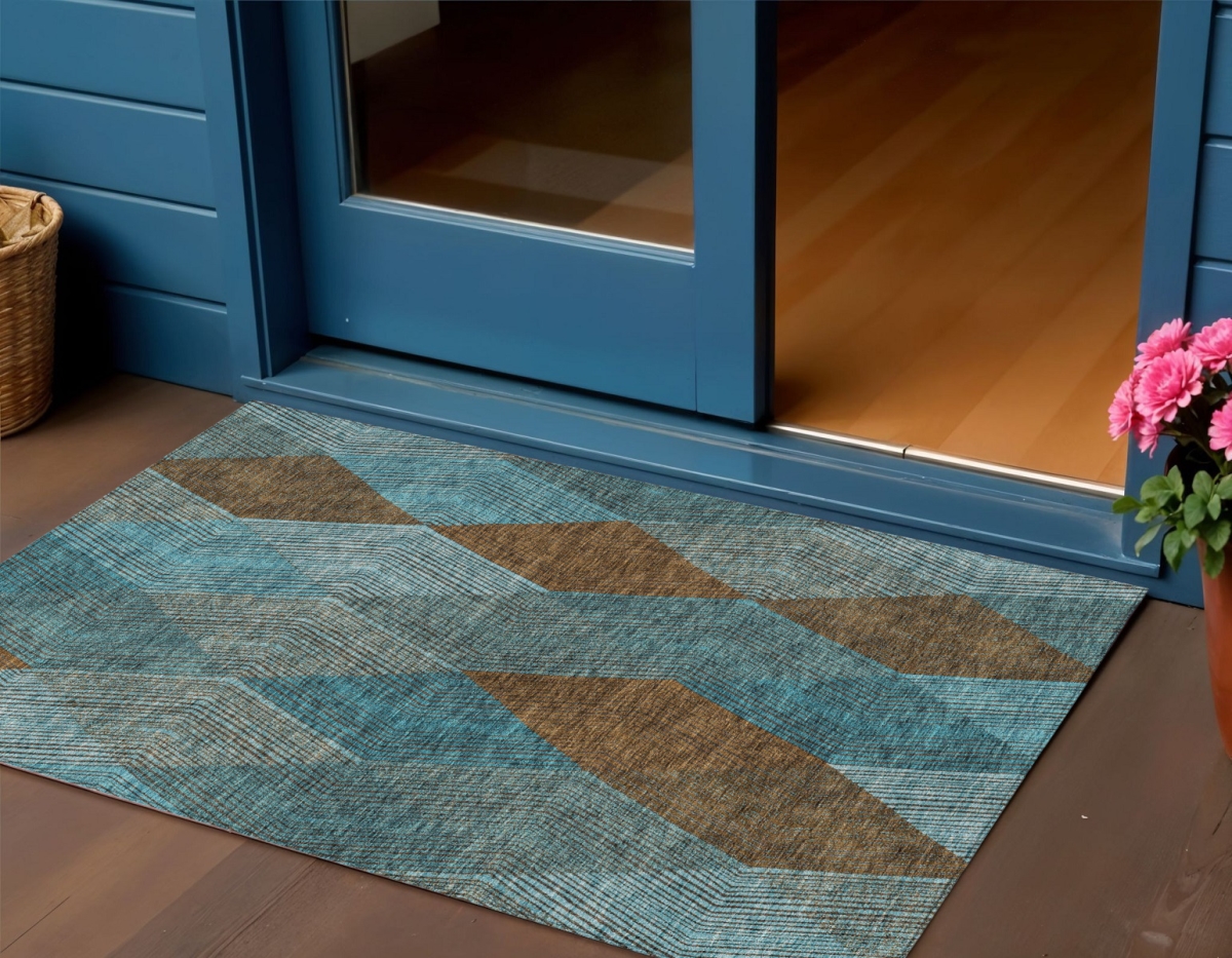613735 3 x 5 ft. Teal Blue Aqua & Brown Argyle Washable Indoor & Outdoor Rectangle Area Rug