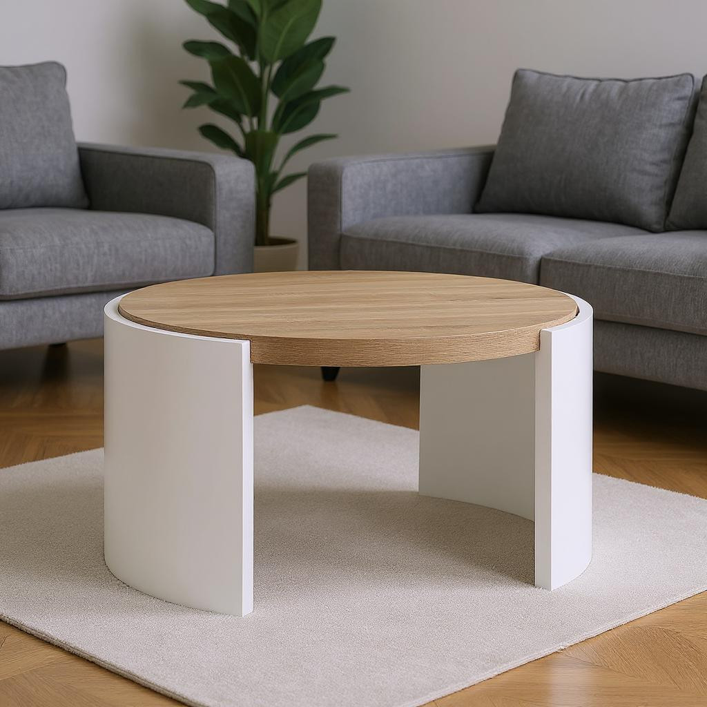 572278 33 in. Oak & White Wood Round Partial Frame Coffee Table