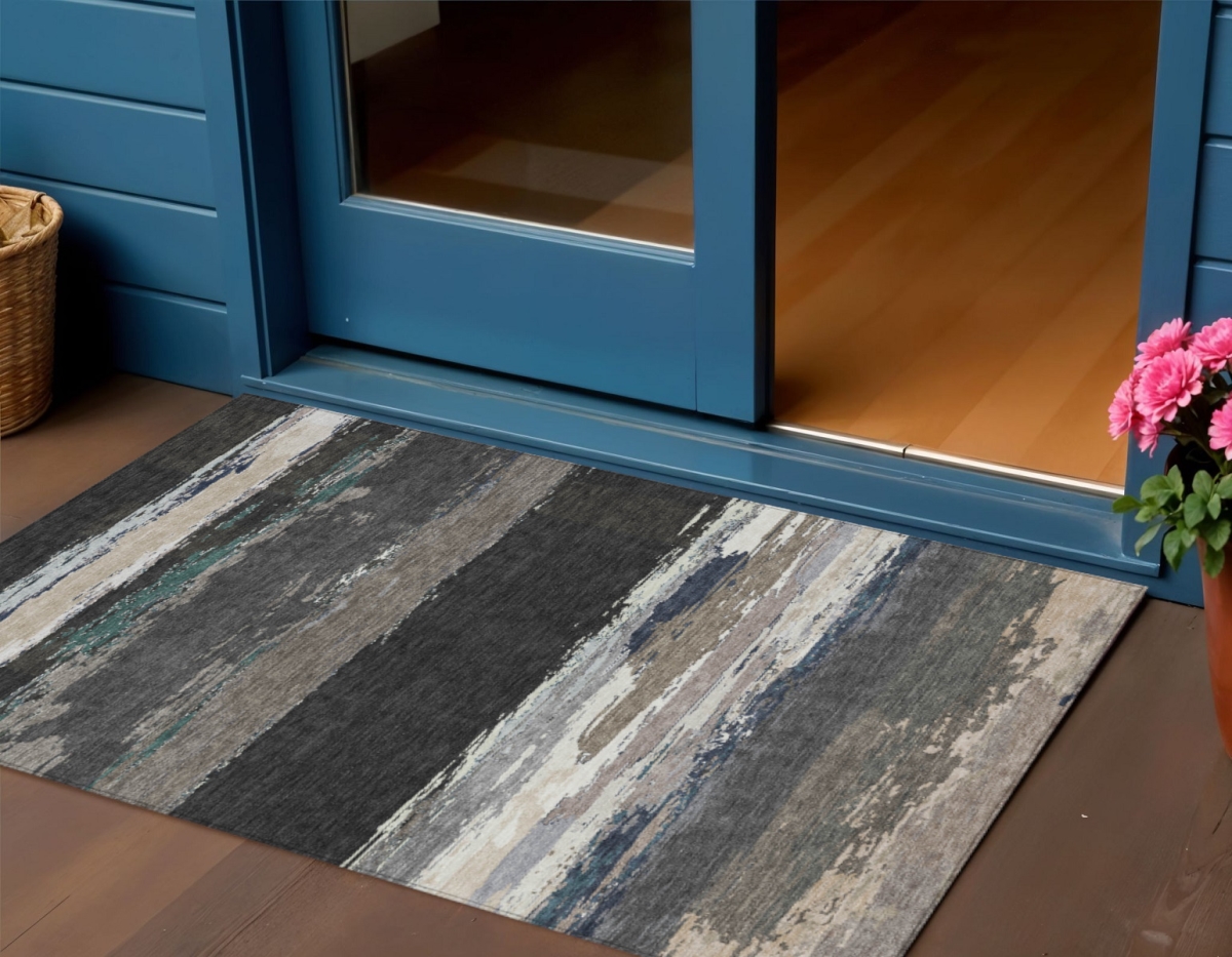 608625 3 x 5 ft. Black Abstract Washable Indoor & Outdoor Rectangle Area Rug