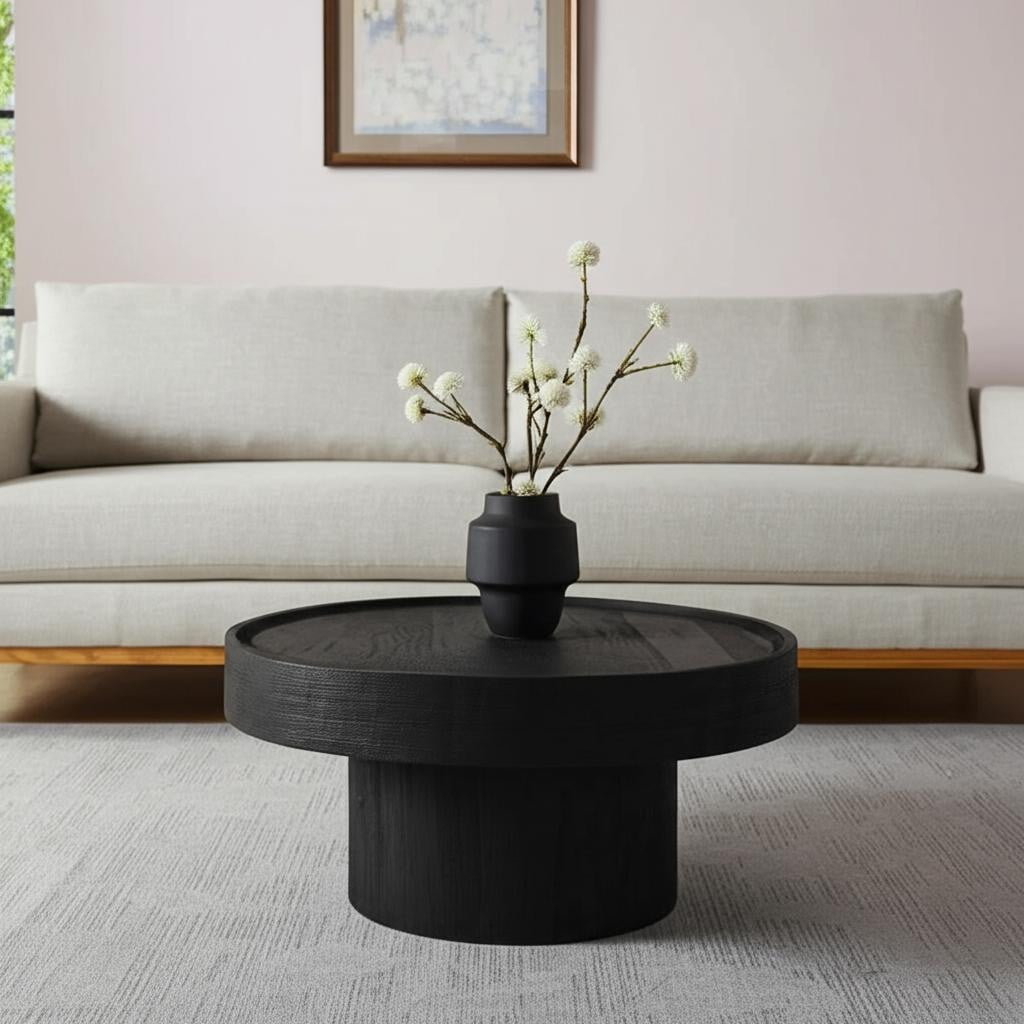 565164 28 in. Black Solid Wood Round Pedestal Coffee Table