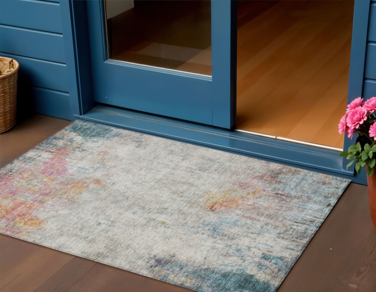 607728 3 x 5 ft. Teal Blue Abstract Washable Indoor & Outdoor Rectangle Area Rug